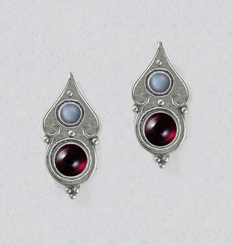 Sterling Silver Gothic Look Post Stud Earrings With Garnet And Grey Moonstone